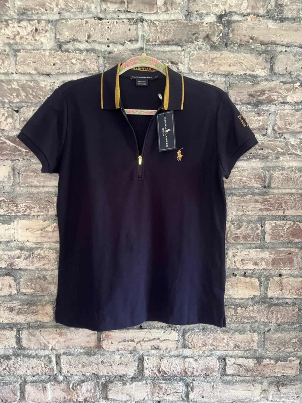 Ralph Lauren PGA Golf Navy Polo with Gold Trim and Zip Exclusive & Rare NWT